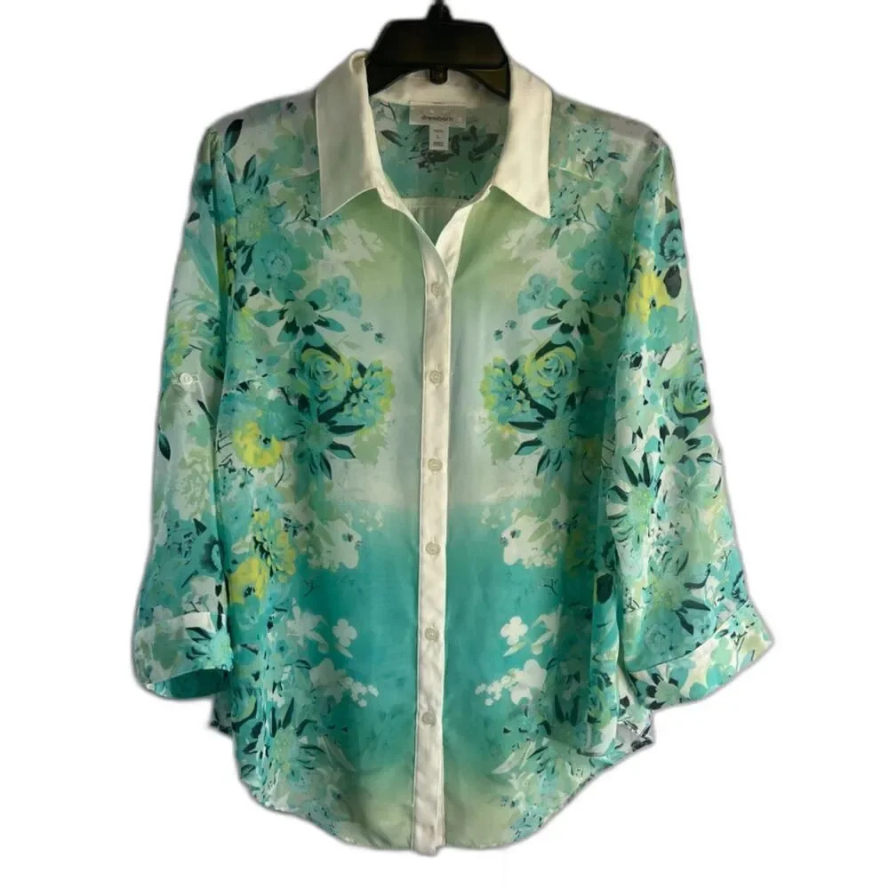 Dress Barn‎ Blouse Long Sleeve Button Up Sheer Tropical Floral Womens Size PL